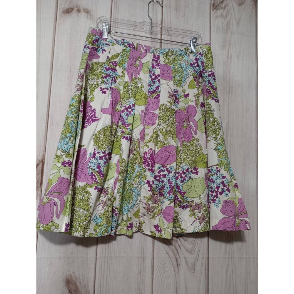 Floral Print Pleated A Line Midi Skirt Purple Green Blue Flowers